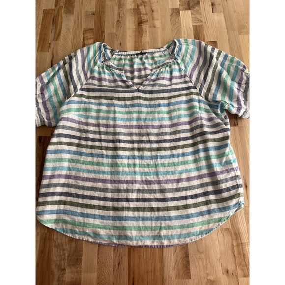 Talbots Tops - Talbots Puff Sleeve Split Neck Blouse 100% Linen Purple Blue Stripe XL